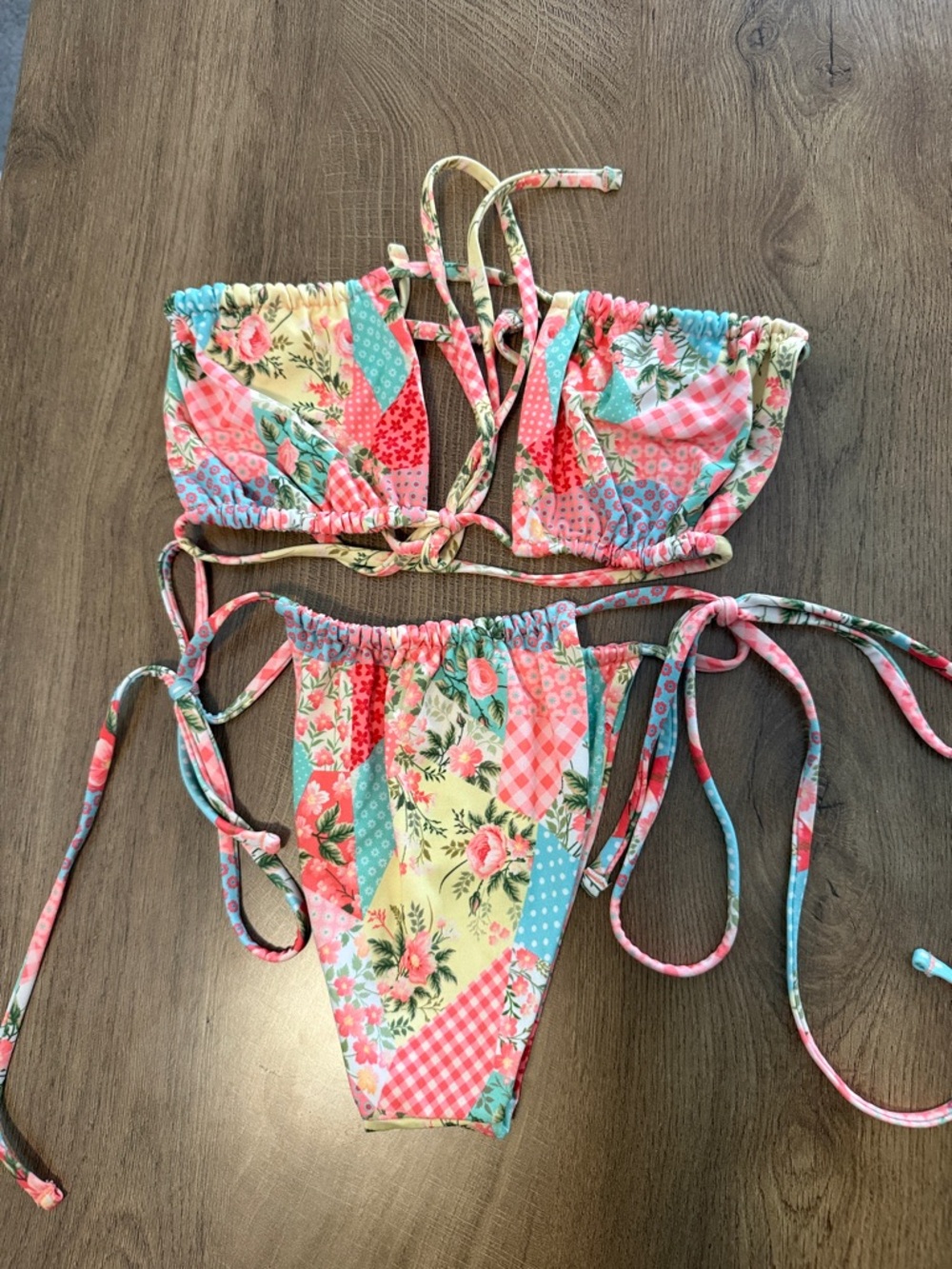 Patchwork Floral Tie-Side Bikini Set - Pink & Blue